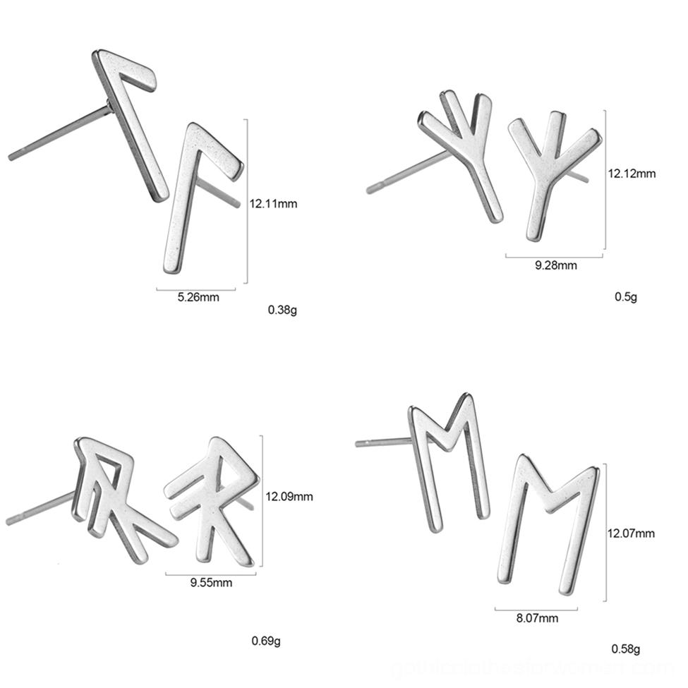 Spear-shaped gothic rune stud earrings in stainless steel, flat product shot with angular silver design and size specifications