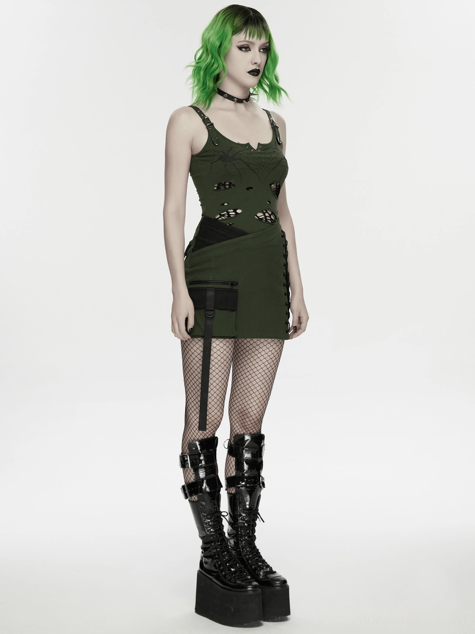 Spider web gothic tank top on model - Full body front view wearing slim-fit cami with metal buckle straps and mesh layering