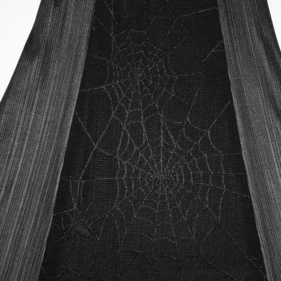Spider web mesh gothic flared pants featuring architectural cross ruffle waist design with layered ruffles and glossy striped knit fabric