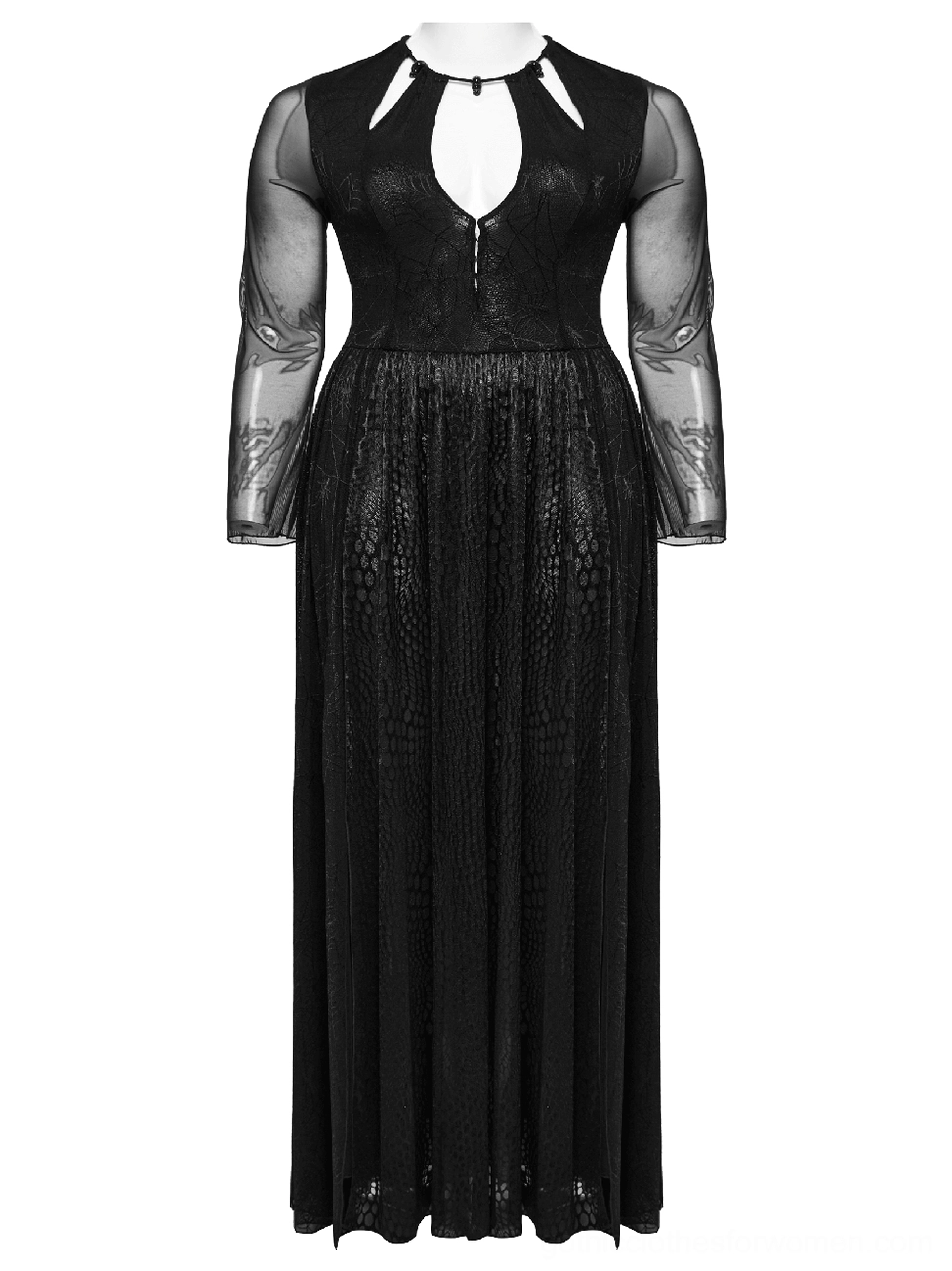 Spiderweb mesh gothic dress mannequin display with large front cutout, zipper closure and sheer mesh sleeves