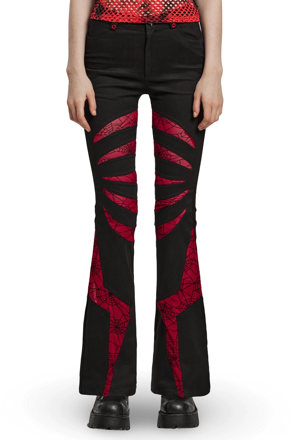 Black and red spiderweb flared gothic pants front view worn by model
