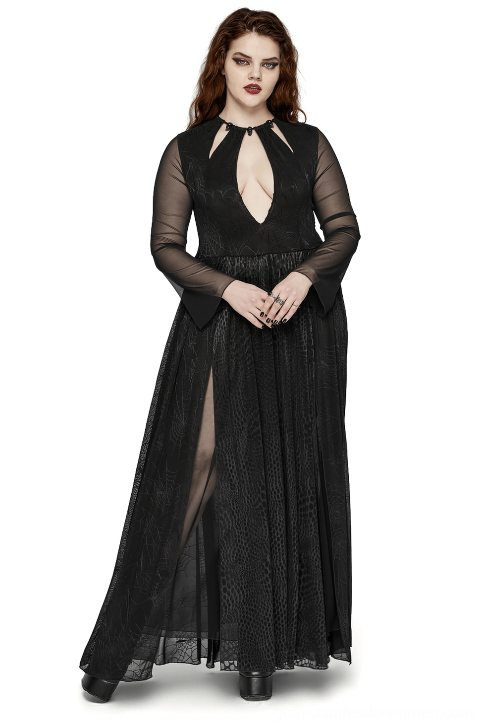 Black spiderweb mesh gothic maxi dress with python pattern front view on model, sheer sleeves and strategic cutouts