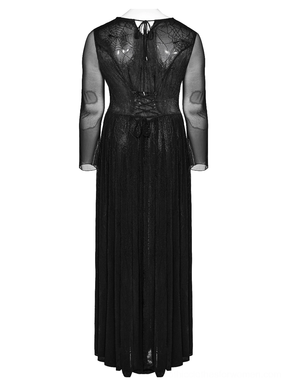 Black spiderweb print gothic dress rear view on mannequin with lace-up corset back and sheer mesh sleeves