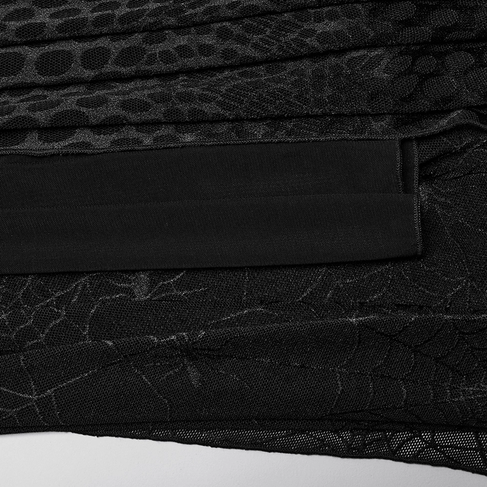 Black spiderweb gothic maxi dress full product showcase with sheer sleeves, cutouts and dramatic floor length