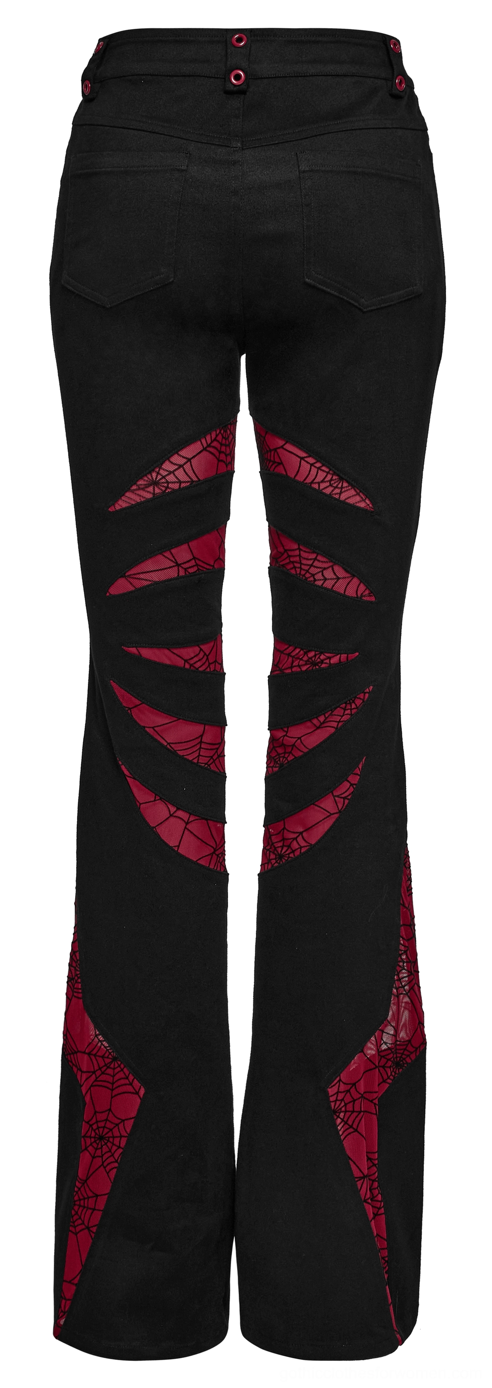 Flat lay back view black and red spiderweb gothic pants with functional pockets