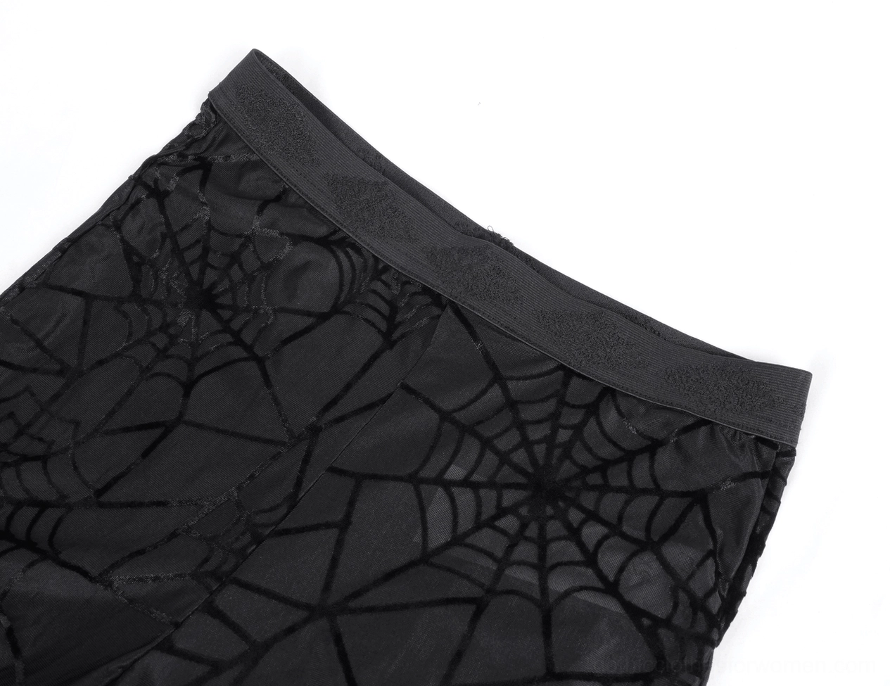 Black sheer spiderweb flare pants top-down view - high waistband with spiderweb velvet and mesh layers