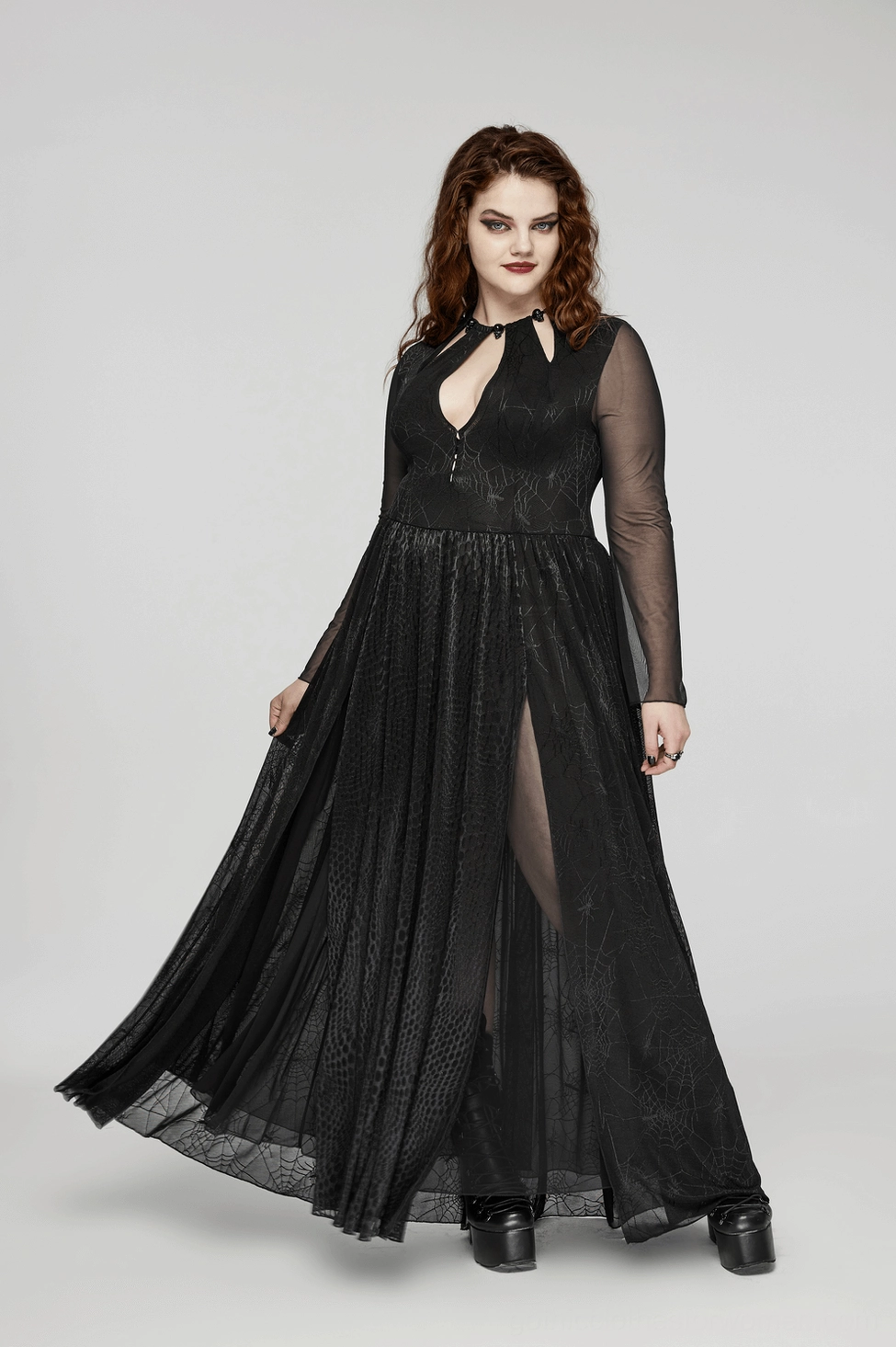 Spiderweb mesh gothic maxi dress detail view highlighting python pattern texture and mesh fabric quality