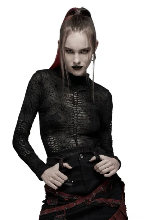 Front view of black spiderweb mesh gothic long sleeve top with lace-up cutout, worn by model on white background