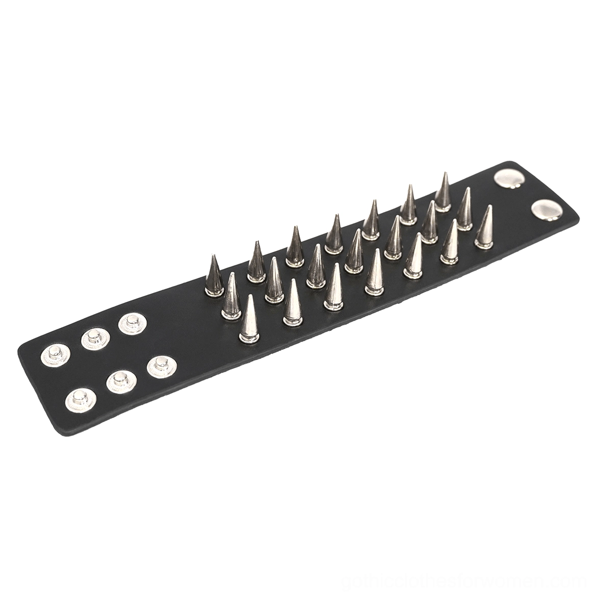 Flat lay of black leather spike bracelet strap showing full length, silver cone spikes, and adjustable snap holes for sizing