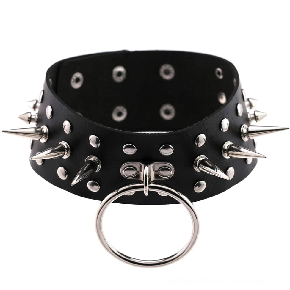 Black spiked leather choker necklace flat lay top-down view showing adjustment holes and inner construction details