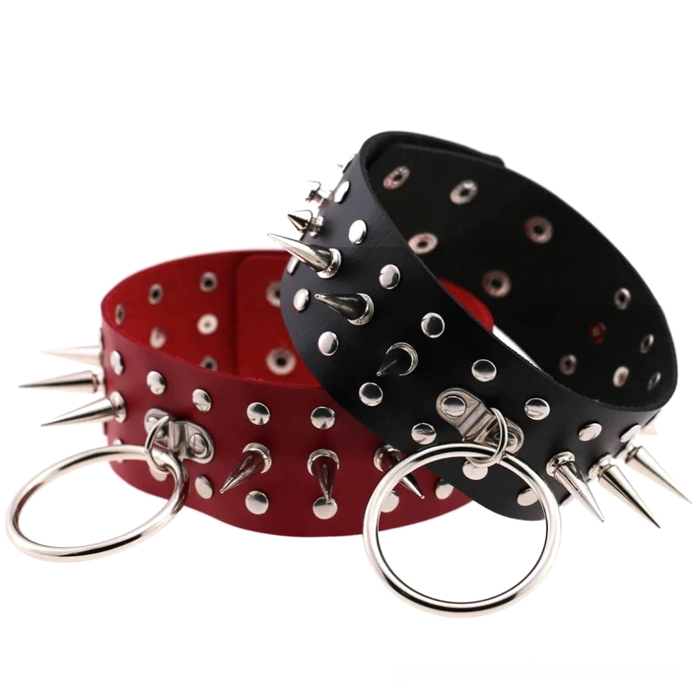Spike studded PU leather choker necklace showcase view with multiple color option displays