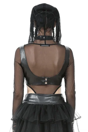 Black spike harness bra with open back design and waist snap closure, back full-body view