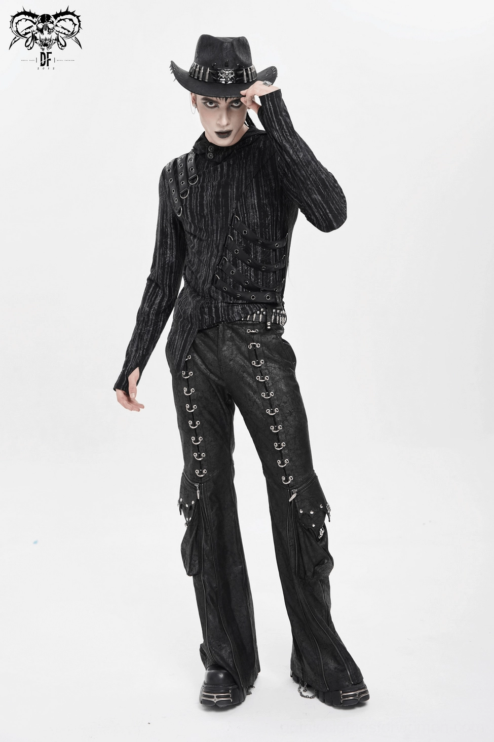 Spiked bullet trim gothic cowboy hat product shot showing black faux leather and metal details
