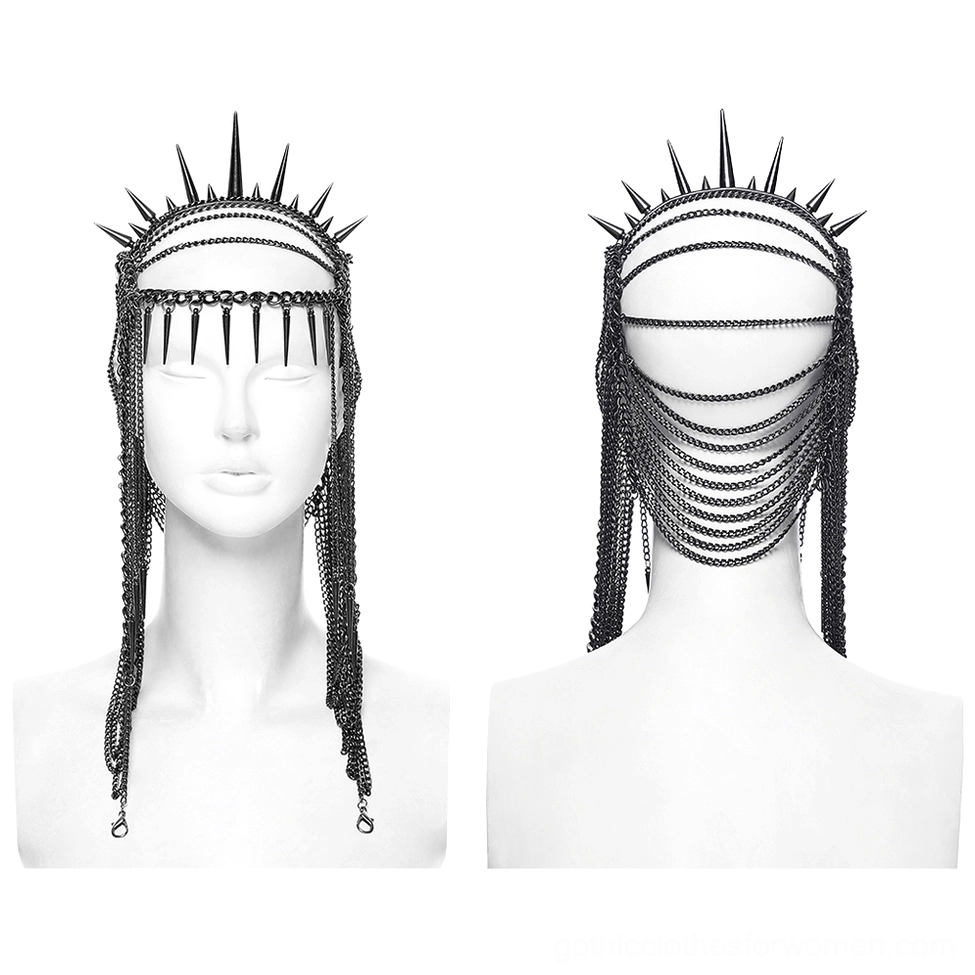 Front and rear view of black spiked chain crown headpiece on mannequin head, showing gunmetal chains and layered back design