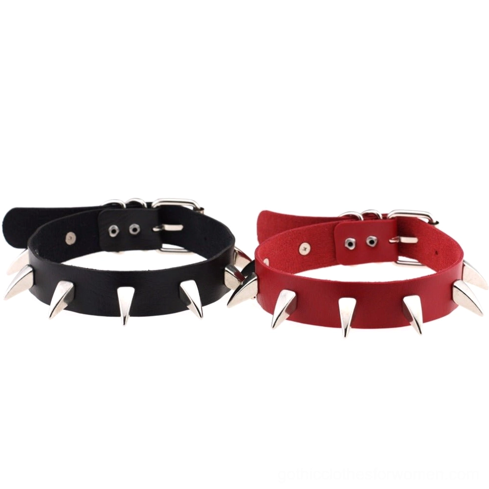 Spiked leather gothic choker showing adjustable strap mechanism and metal buckle fastener system