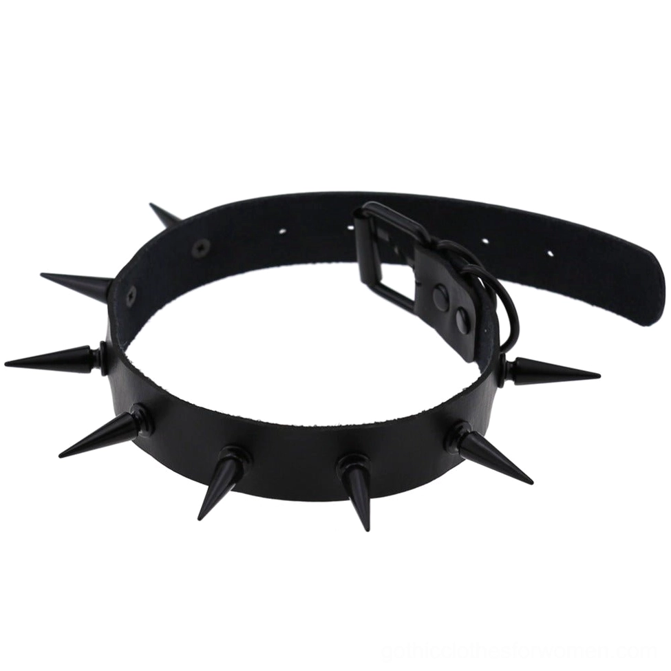 Spiked choker collar close-up detail showing iron spike stud arrangement and faux leather construction