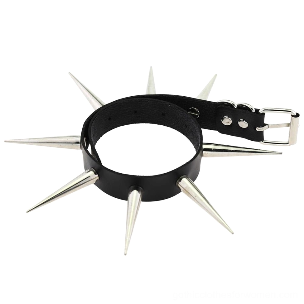 Spiked gothic choker necklace flat lay showing overall necklace construction and leather quality