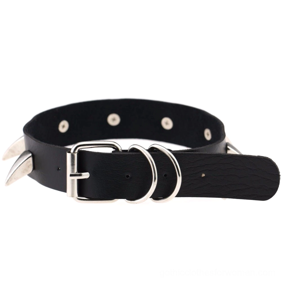Spiked leather gothic choker detail shot emphasizing cone rivets and premium imitation leather quality