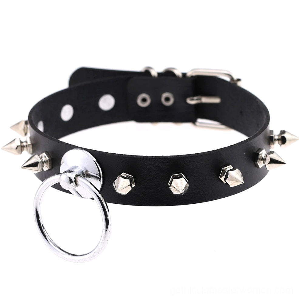 Spiked PU leather choker necklace showing full product length and metal spike placement