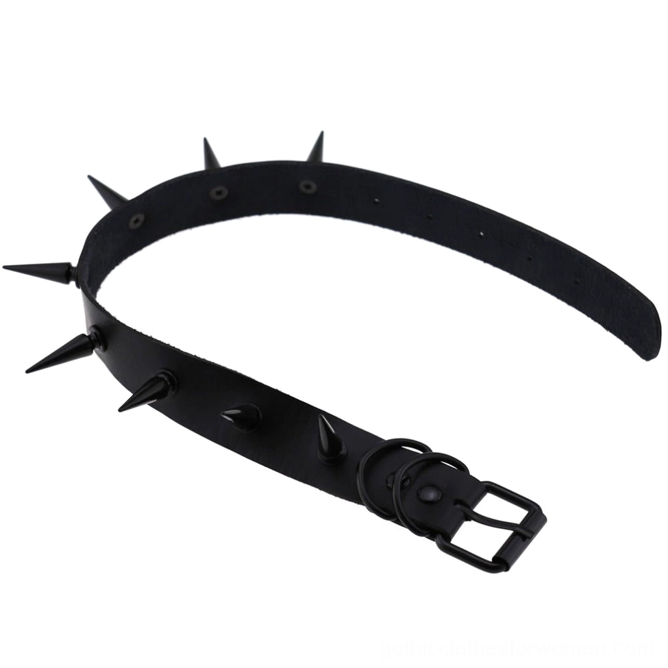Spiked choker collar texture detail view highlighting metal spikes and leather material quality