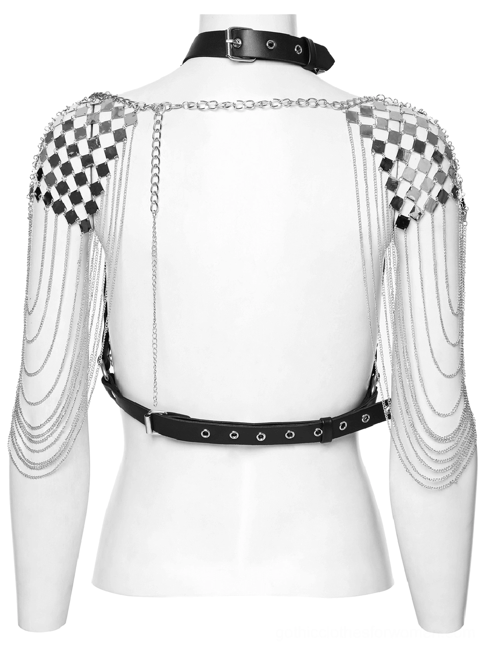 Gothic harness back detail showing waist belt, checkered shoulder studs, and long chain tassels