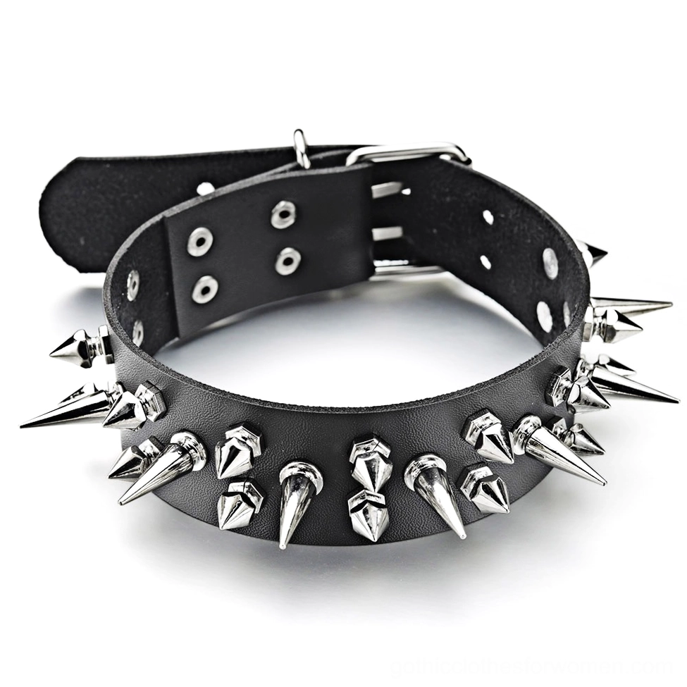 Black PU leather spiked choker collar side angle view highlighting adjustable strap and silver metal hardware details