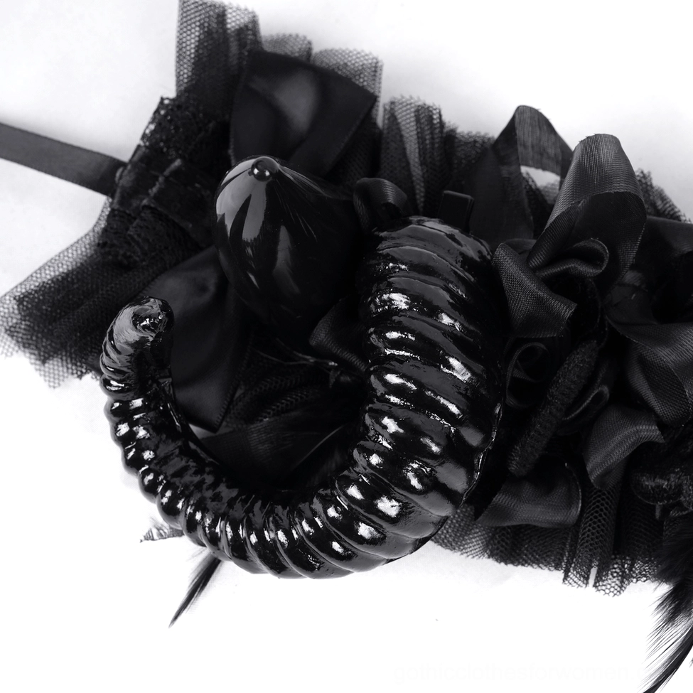 Spiral horn gothic headpiece with ribbon ties and black floral accents, artistic detail showcase view