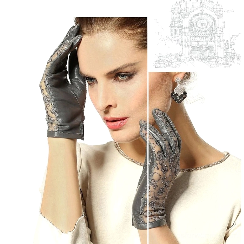 Split-style leather and lace gloves showing two-tone design contrast, hands close-up, formal gothic fashion statement