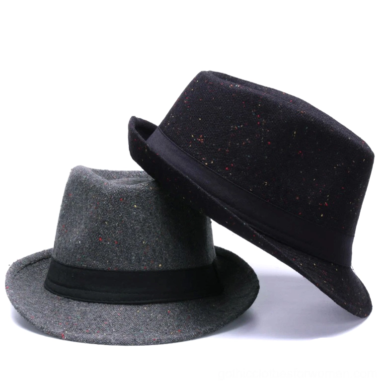 Stacked black and gray gothic fedora hats showcasing wool blend fabric texture and ribbon details