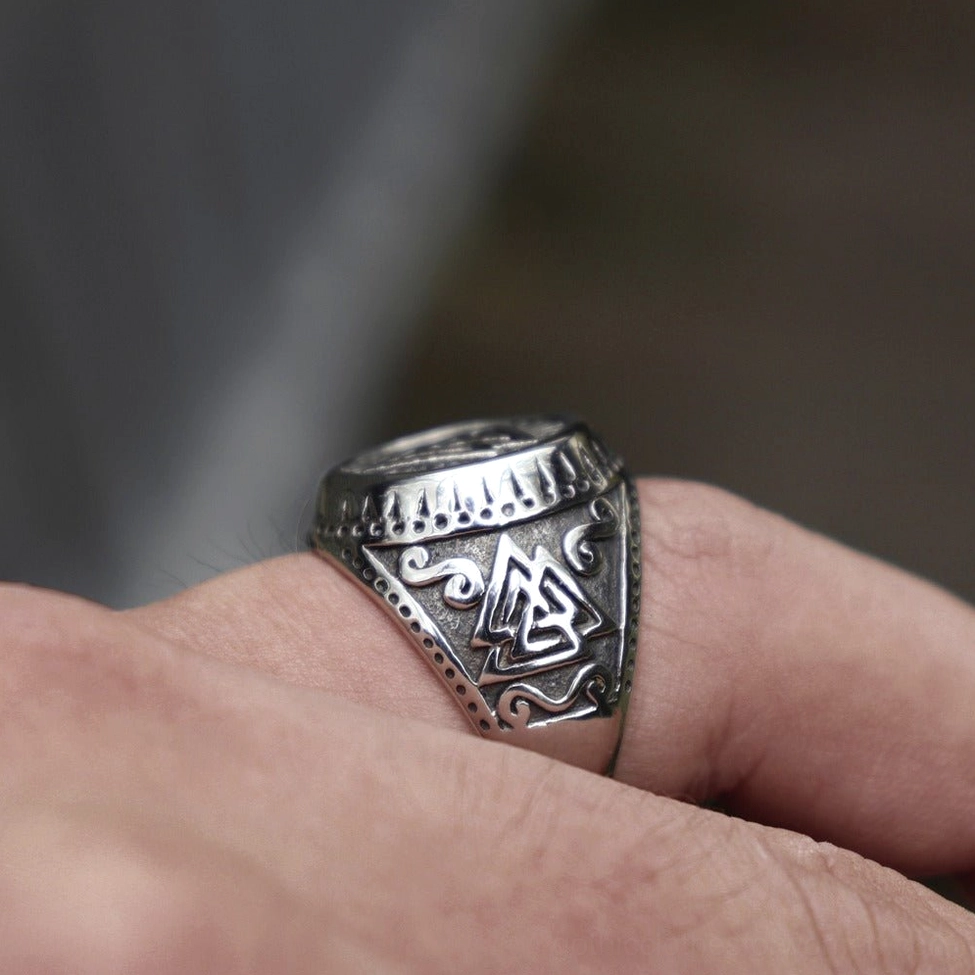 Stainless steel valknut ring scale size comparison Norse mythology jewelry statement piece