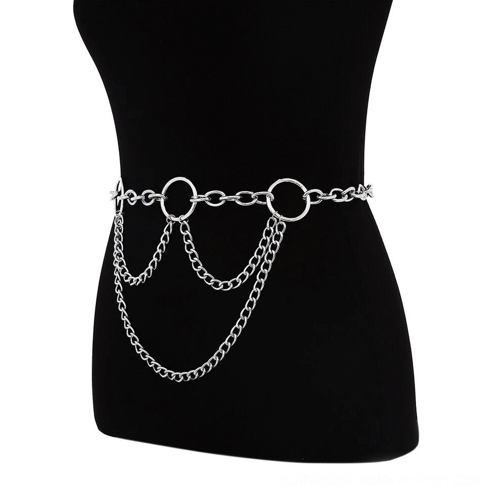 Black dress form displaying silver chain waist belt with double O-ring and three-layer hanging chain structure