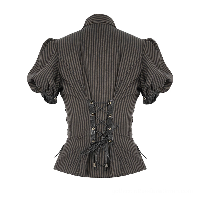 Coffee steampunk blouse rear flat lay view, displaying lace-up back corset detail and tailored puff sleeve construction