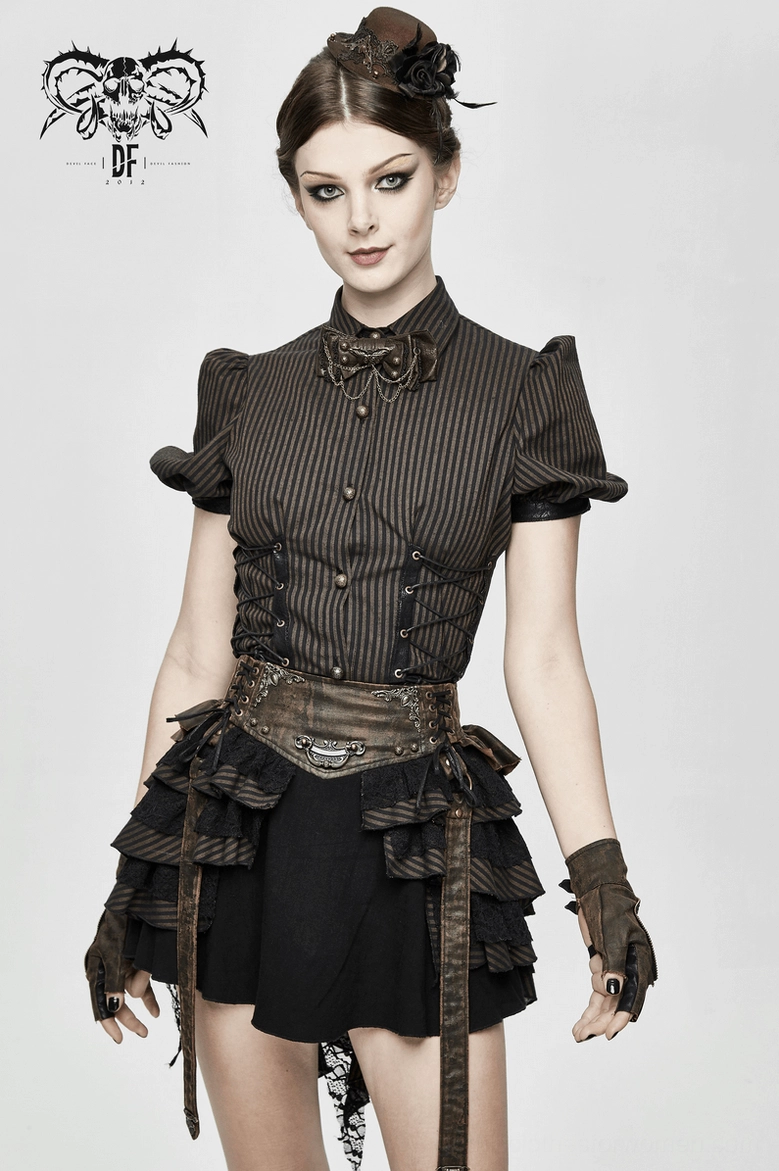 Steampunk blouse close-up of button front closure, stand collar, and coffee brown striped woven fabric premium material