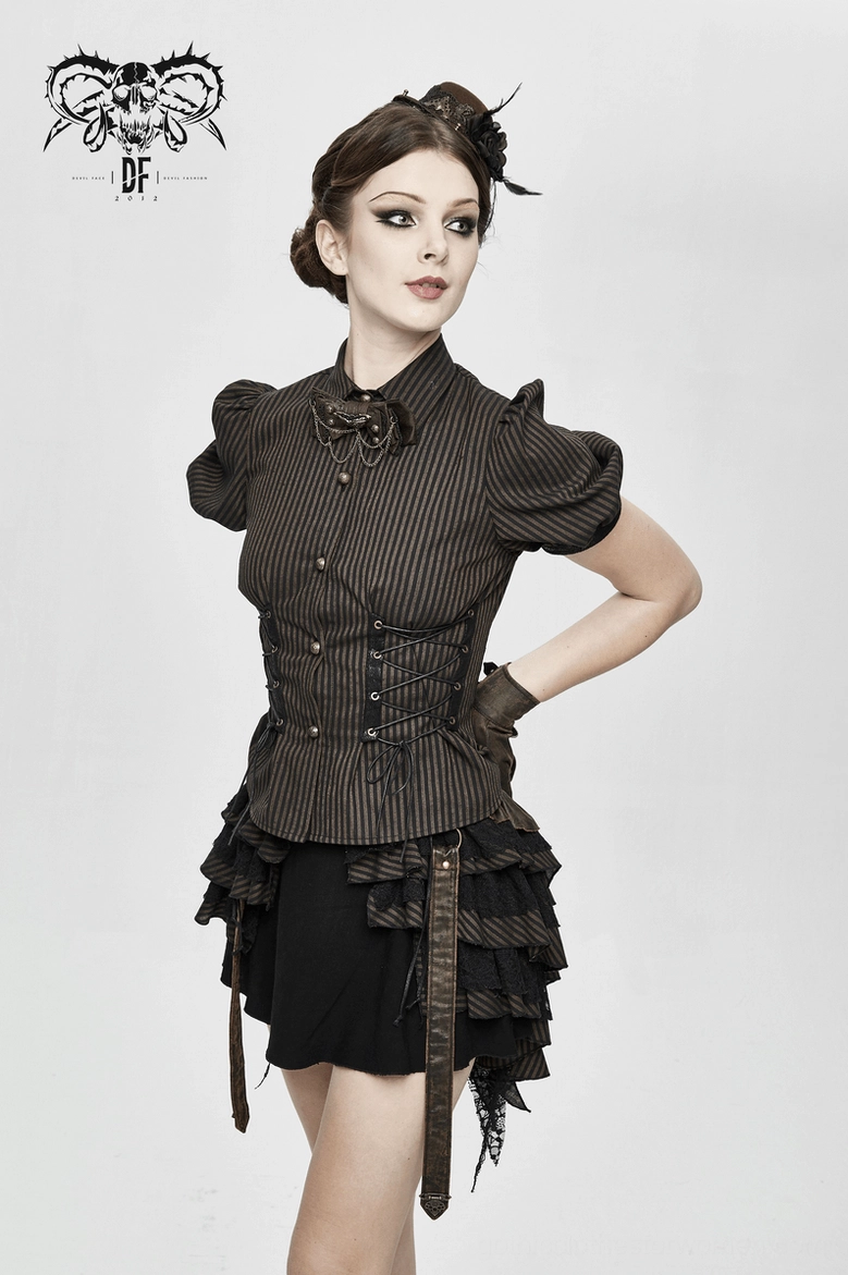 Front full-body view of model wearing coffee striped steampunk blouse with puff sleeves, bow neck accessory, and lace-up corset waist