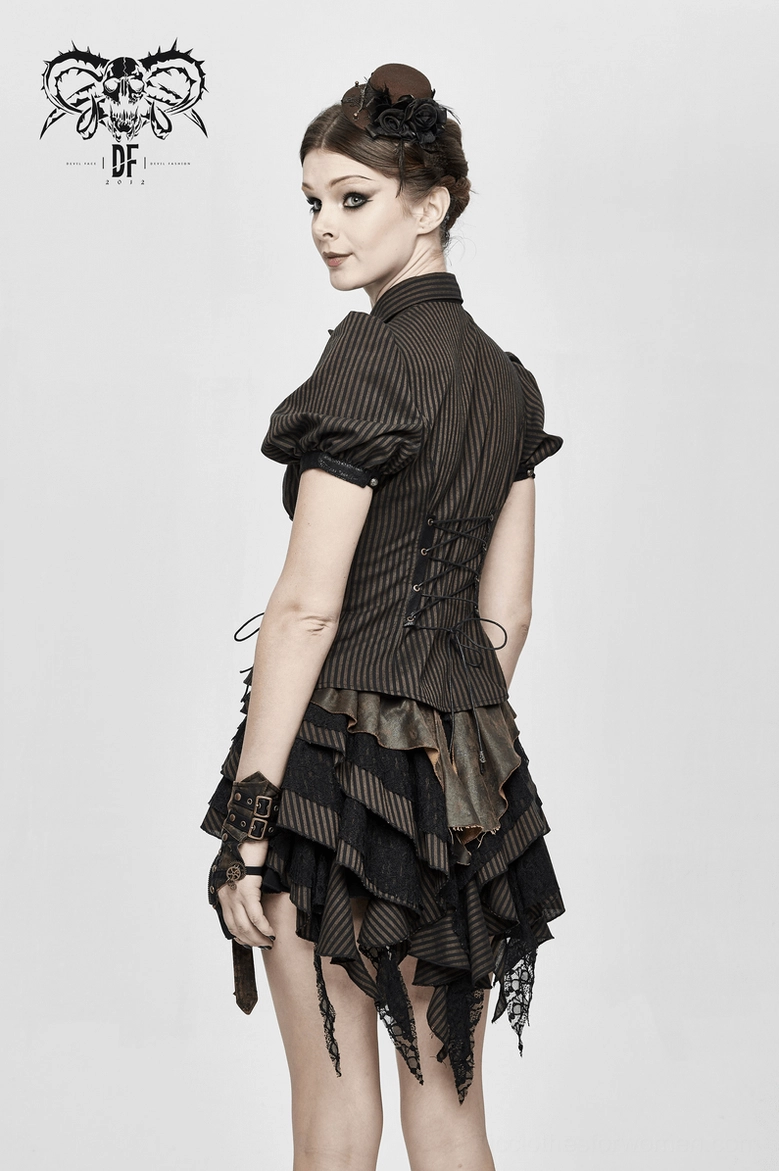 Side full-body view of model in steampunk outfit, wearing coffee striped blouse with lace-up waist and ruffled puff sleeves