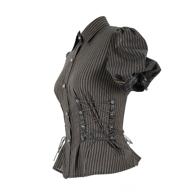 Gothic steampunk blouse side profile flat lay, highlighting button front, structured puff sleeves, and side lace-up corset waist
