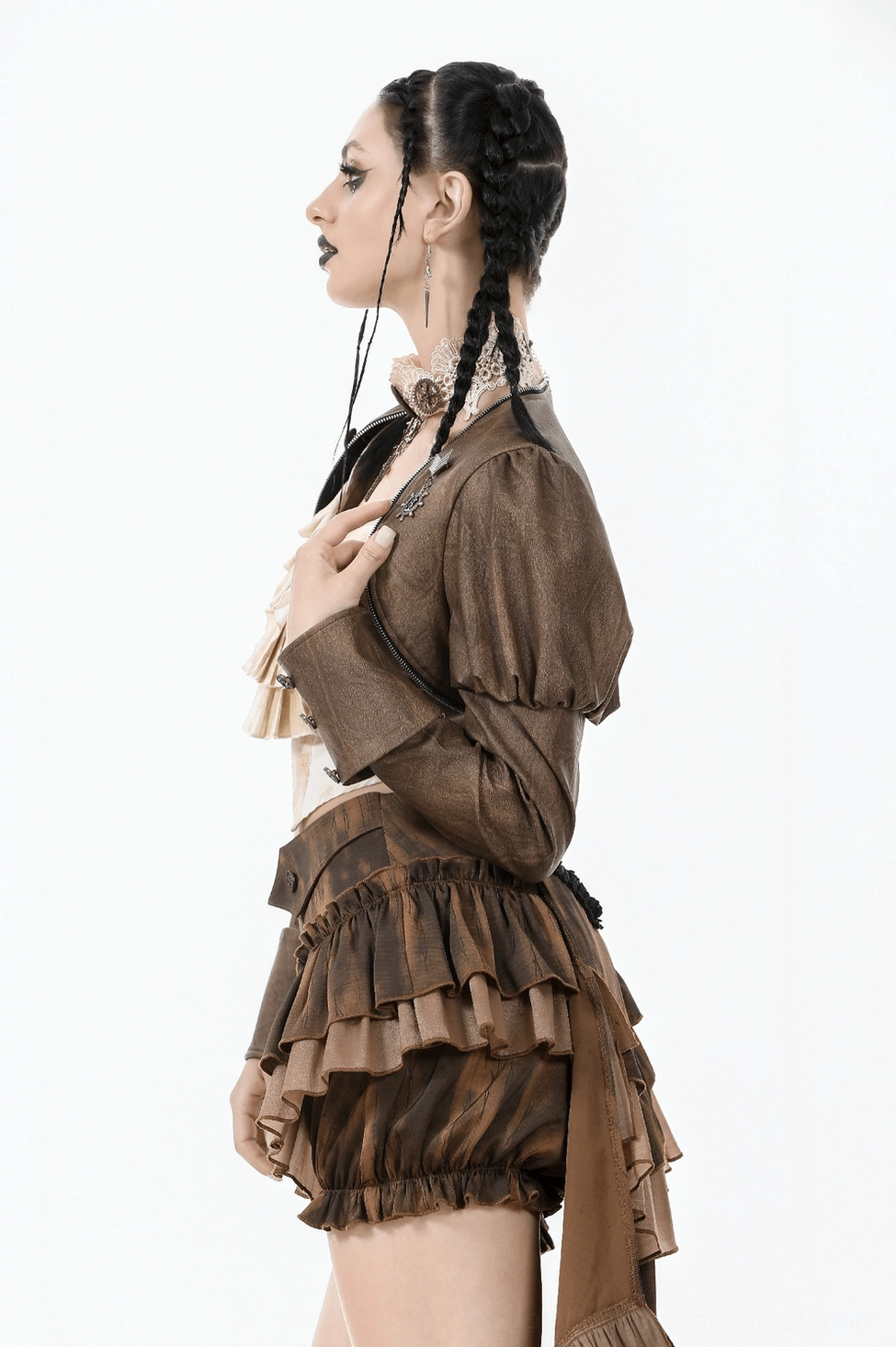 Steampunk brown leather bolero shrug construction details showing puff sleeve engineering and seam quality