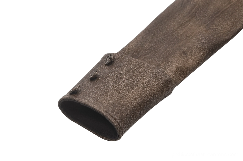Steampunk brown bolero cuff closeup showing decorative buttoned cuffs and vintage faux leather texture detail