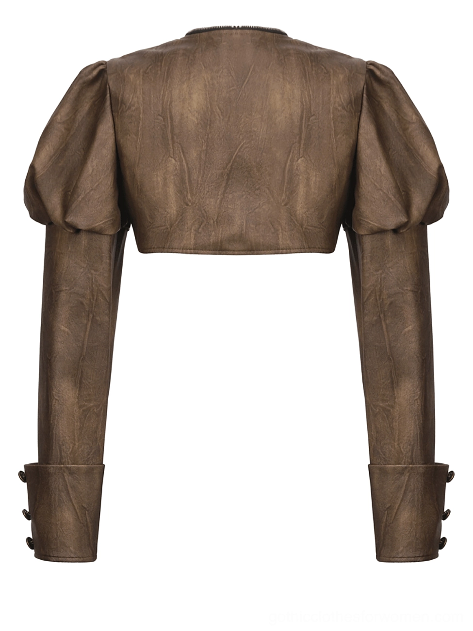 Steampunk brown leather bolero shrug back flat lay displaying open cropped design and vintage distressed leather texture