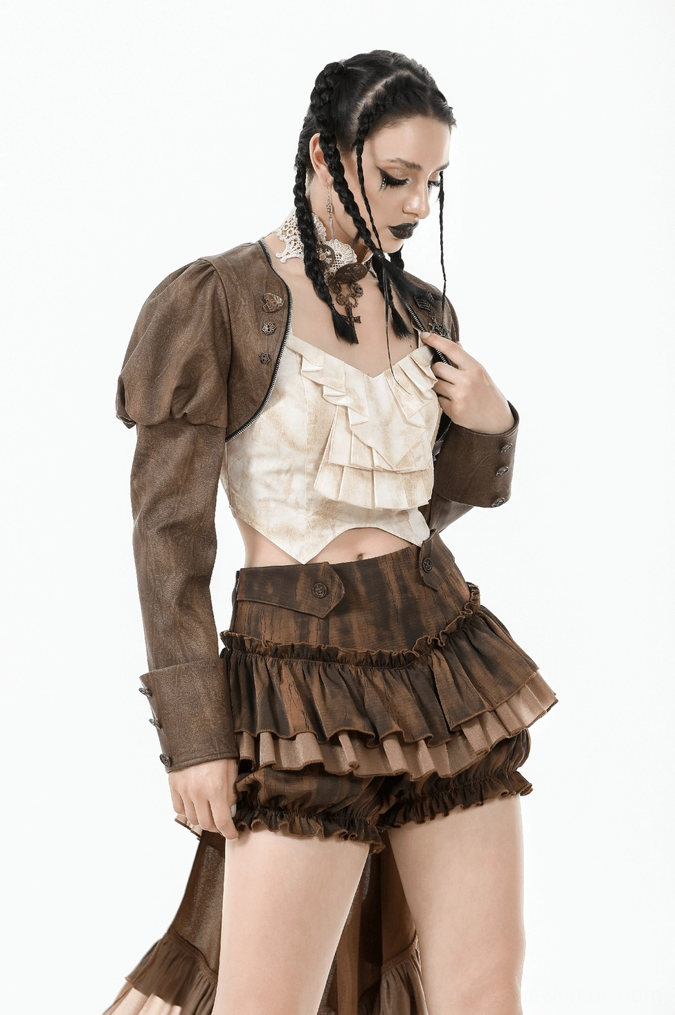 Alternative gothic styling inspiration with steampunk brown bolero shrug for fashion event and cosplay outfits