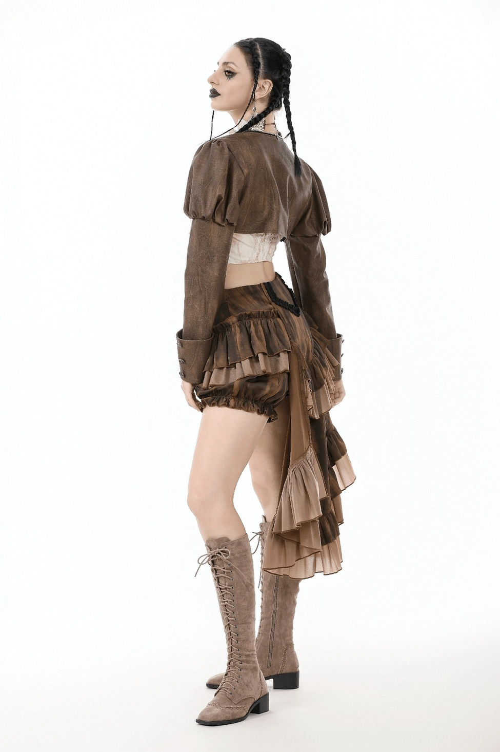 Steampunk brown bolero shrug with high-waisted trousers and vintage accessories for authentic steampunk aesthetic