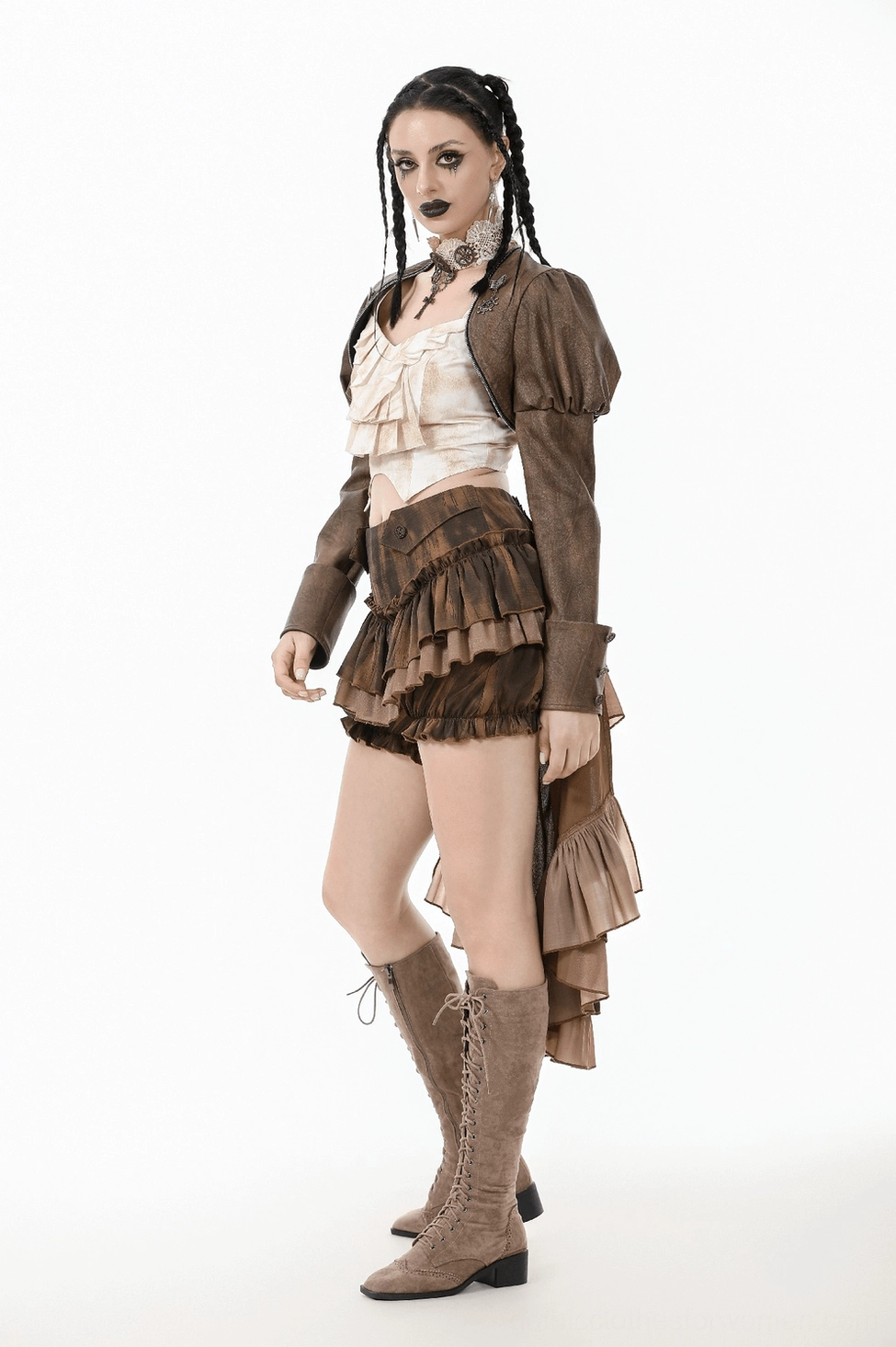 Steampunk brown PU leather cropped bolero shrug worn as layering piece over graphic band tee alternative style