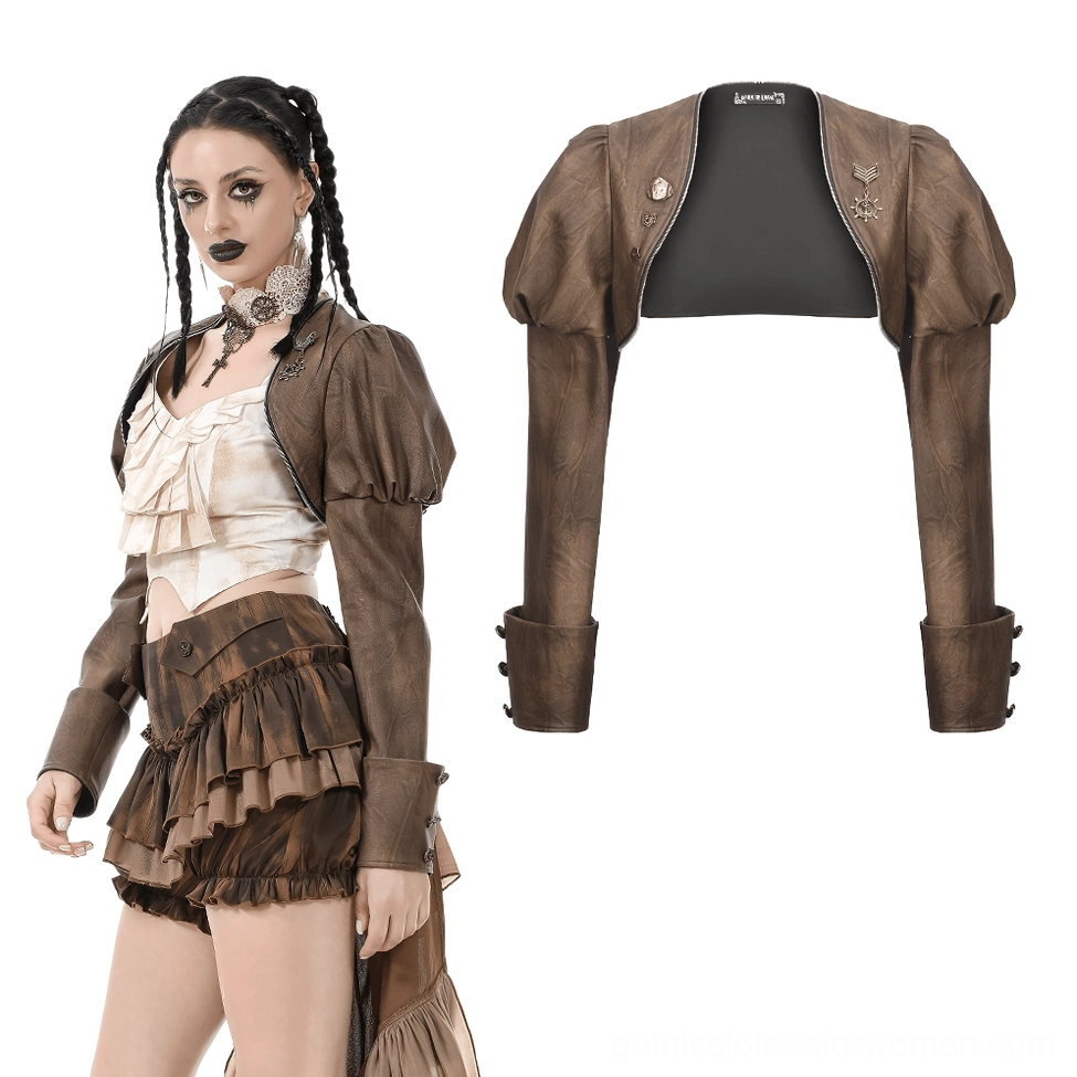 Steampunk brown leather bolero shrug styled with ruffled cropped top and layered shorts for gothic alternative outfit