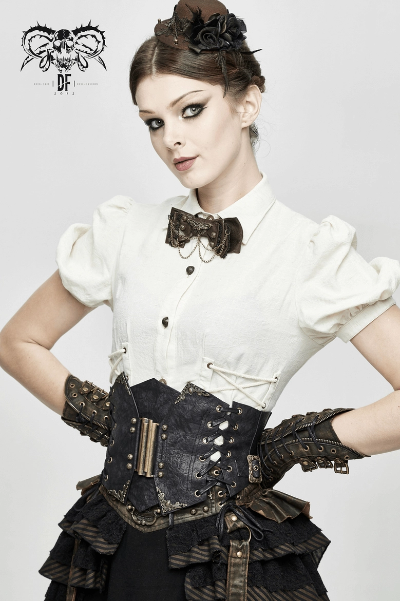 Alternative angle of steampunk bow tie choker displaying overall composition of brown faux leather, metal chains, and adjustable strap