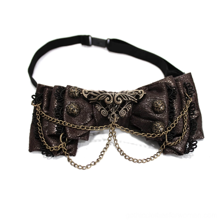 Front flat lay of steampunk bow tie choker featuring ruffled fabric texture and ornate brass-toned metal hardware