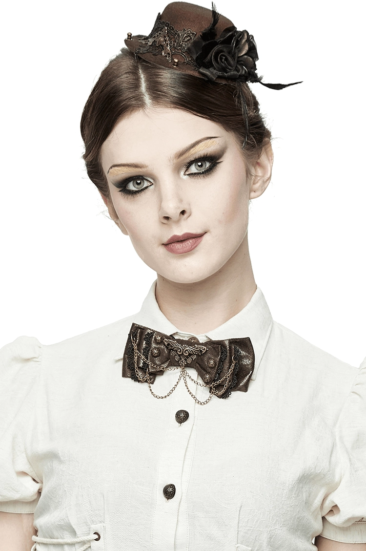 Steampunk brown bow tie choker worn on model with white collared blouse, showing ornate metal chain details and industrial gothic aesthetic