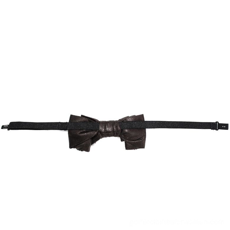 Minimalist side view of brown steampunk bow tie choker displaying clean faux leather construction and simple bow silhouette
