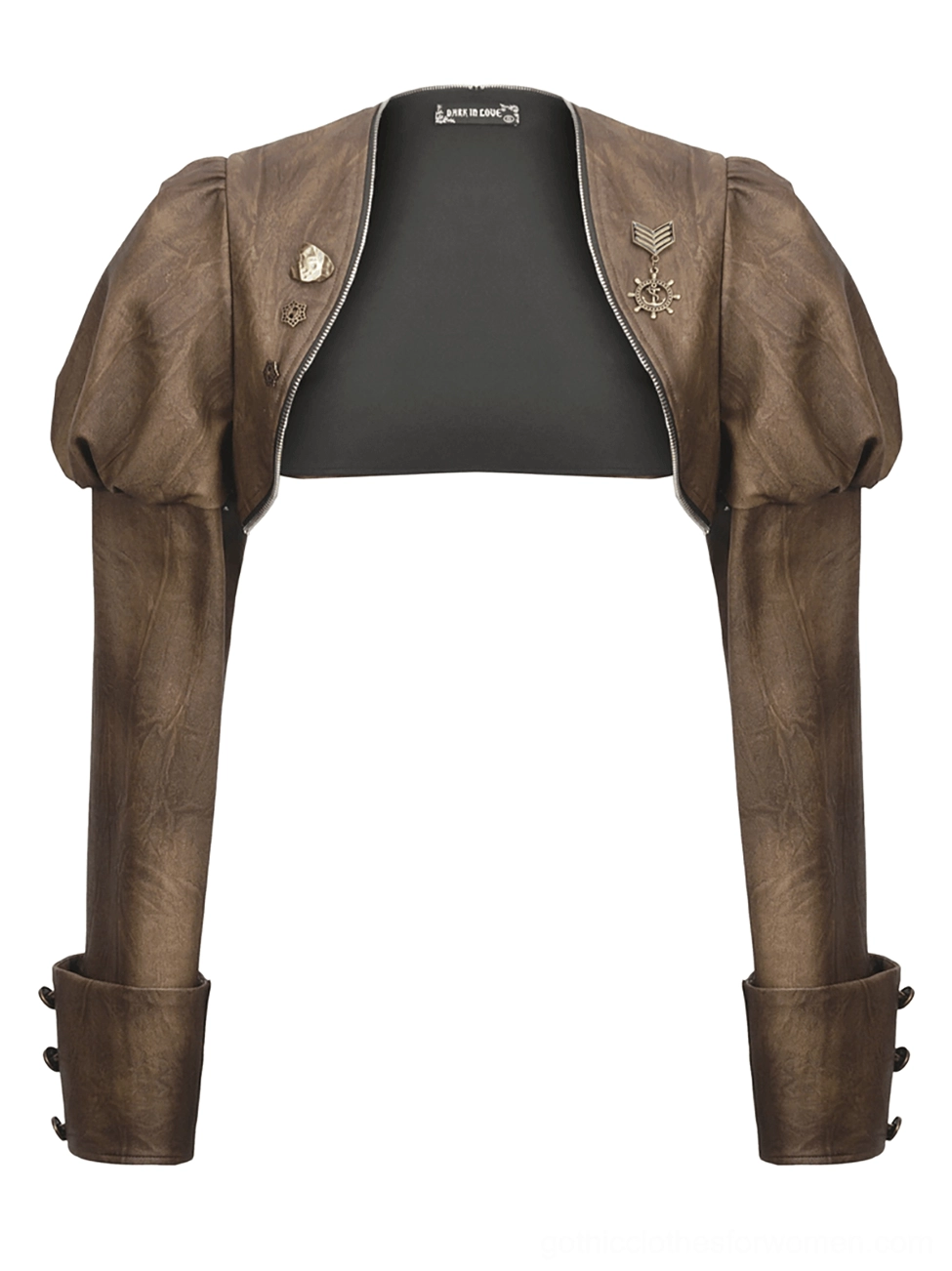 Steampunk brown PU leather bolero shrug flat lay front view showing puff sleeves, metal brooches, and buttoned cuffs