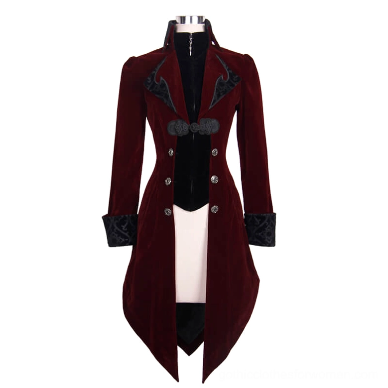 Burgundy steampunk velvet coat full front on mannequin - metal buttons and open design