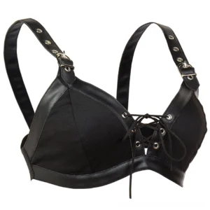 Steampunk bustier bra with metal hardware and grommet straps - side front angle gothic fashion